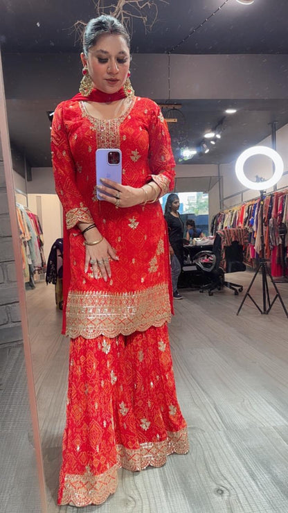 Fida Red Leheria Sharara Suit