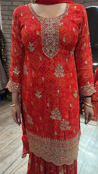Fida Red Leheria Sharara Suit
