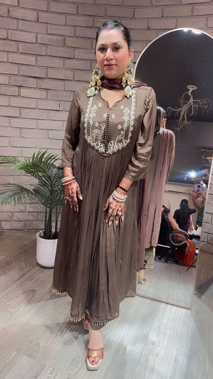 Hiran Coffee Embroidered A-line Suit