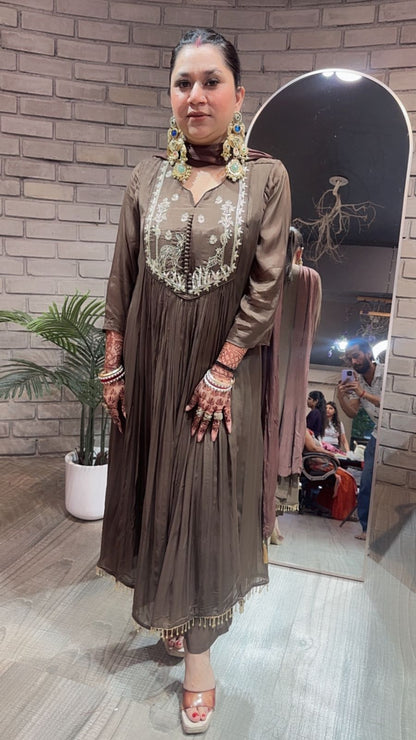 Hiran Coffee Embroidered A-line Suit