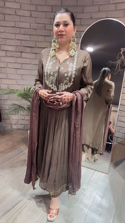 Hiran Coffee Embroidered A-line Suit