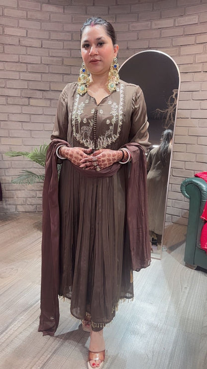 Hiran Coffee Embroidered A-line Suit