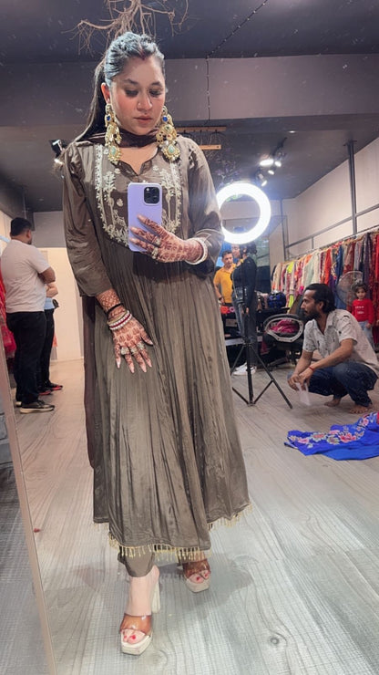 Hiran Coffee Embroidered A-line Suit