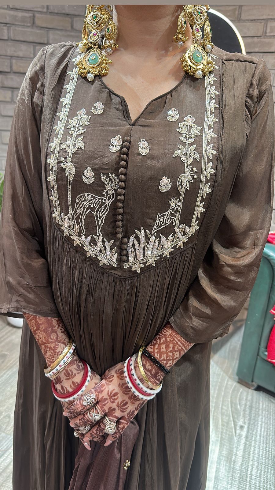 Hiran Coffee Embroidered A-line Suit