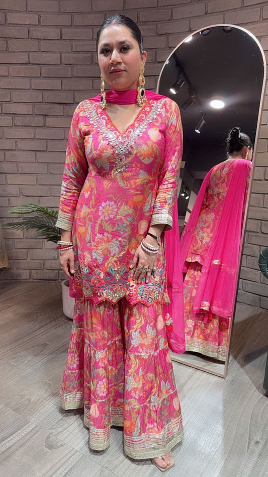 Bhai dooj pink Digital Print Sharara suit