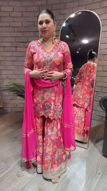 Bhai dooj pink Digital Print Sharara suit