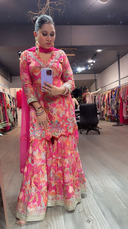 Bhai dooj pink Digital Print Sharara suit