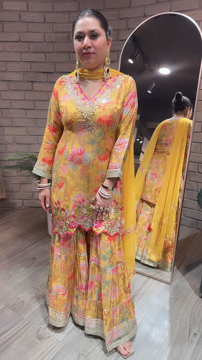 Bhai Dooj Musturd Digital Print Sharara Suit