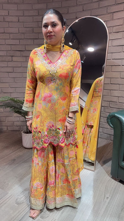 Bhai Dooj Musturd Digital Print Sharara Suit