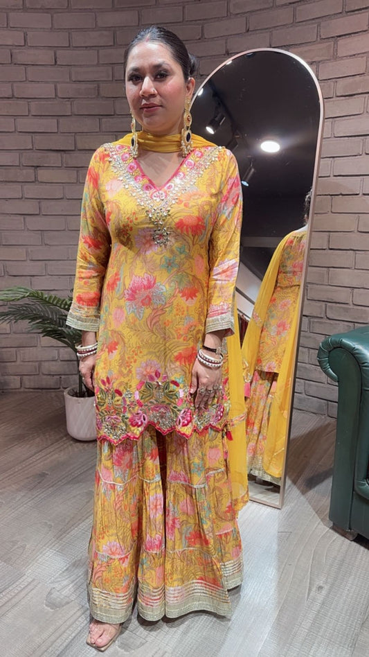 Bhai Dooj Musturd Digital Print Sharara Suit