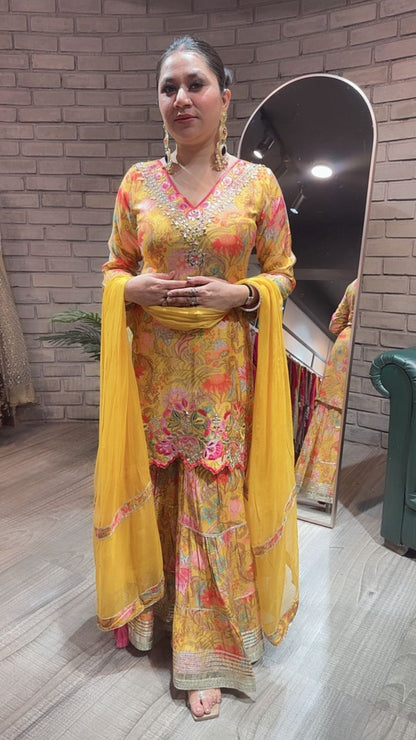 Bhai Dooj Musturd Digital Print Sharara Suit