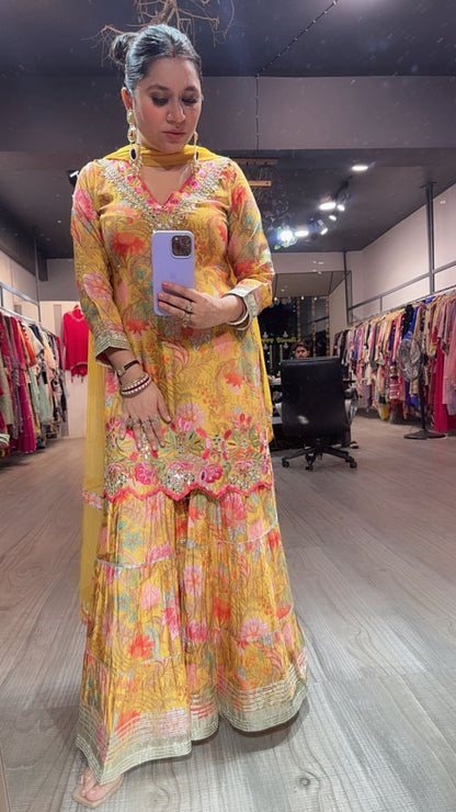 Bhai Dooj Musturd Digital Print Sharara Suit