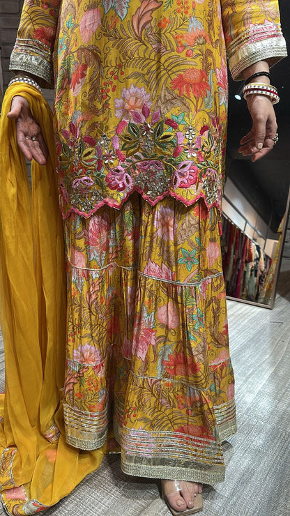 Bhai Dooj Musturd Digital Print Sharara Suit