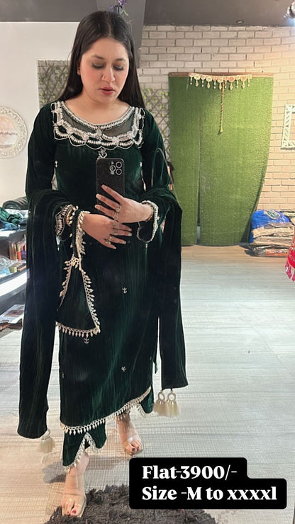 Valentino Bottel Green Crush Pearl velvet Suit with potli