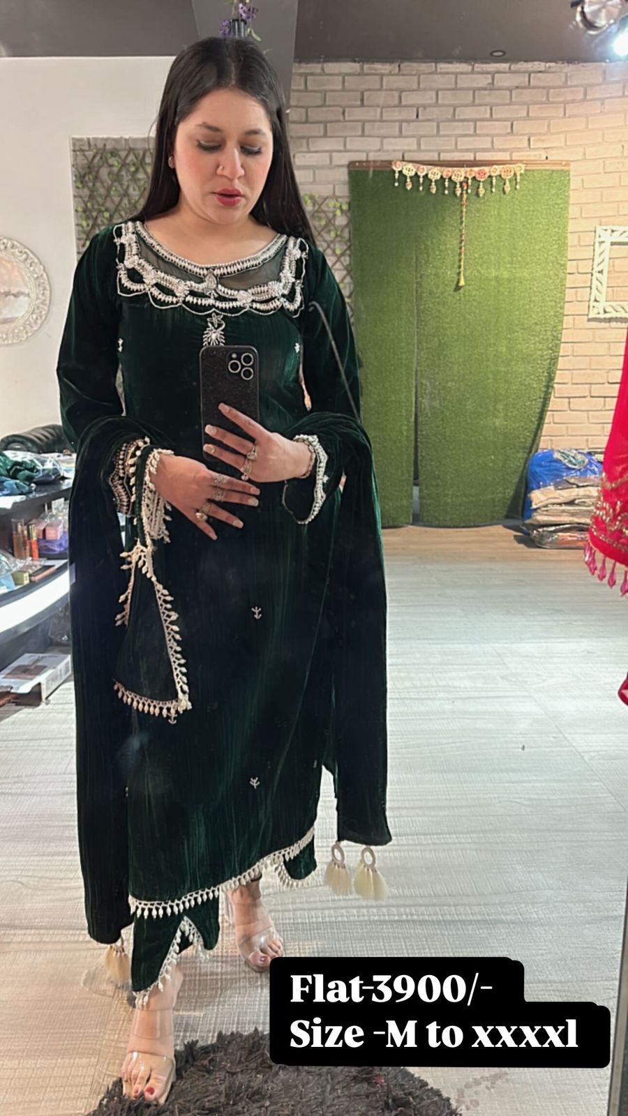 Valentino Bottel Green Crush Pearl velvet Suit with potli