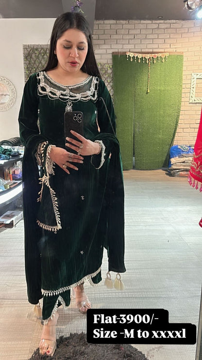Valentino Bottel Green Crush Pearl velvet Suit with potli