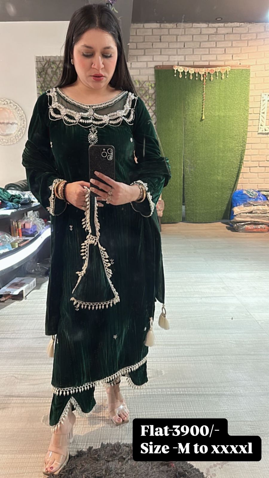 Valentino Bottel Green Crush Pearl velvet Suit with potli