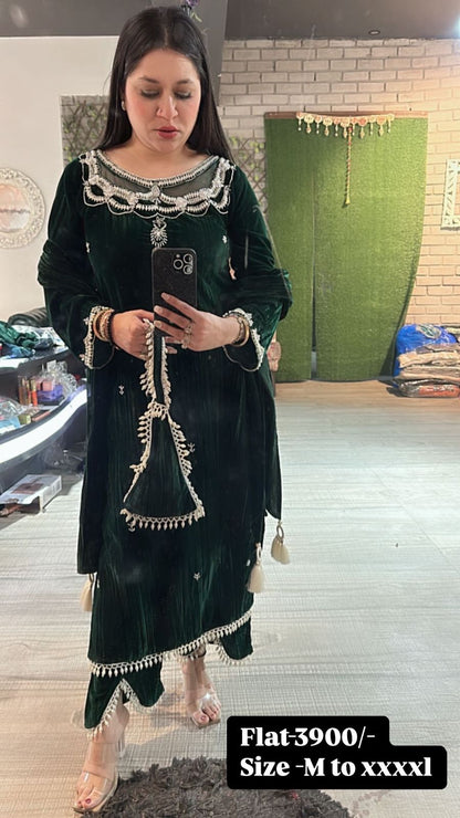 Valentino Bottel Green Crush Pearl velvet Suit with potli