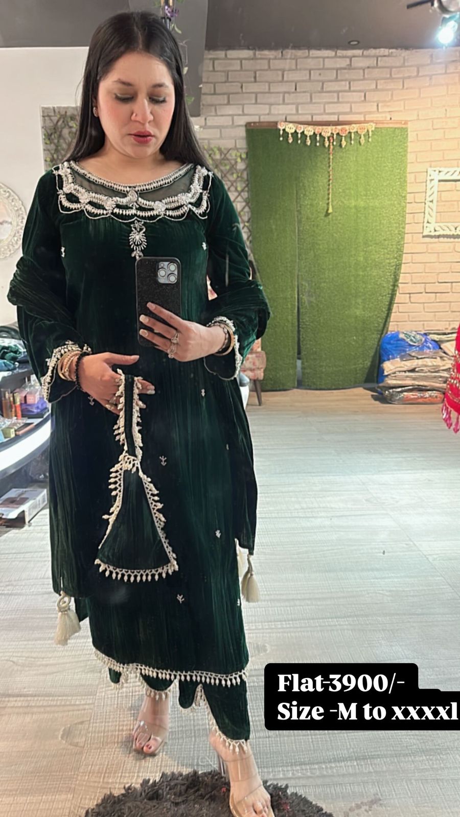 Valentino Bottel Green Crush Pearl velvet Suit with potli