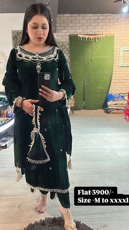 Valentino Bottel Green Crush Pearl velvet Suit with potli
