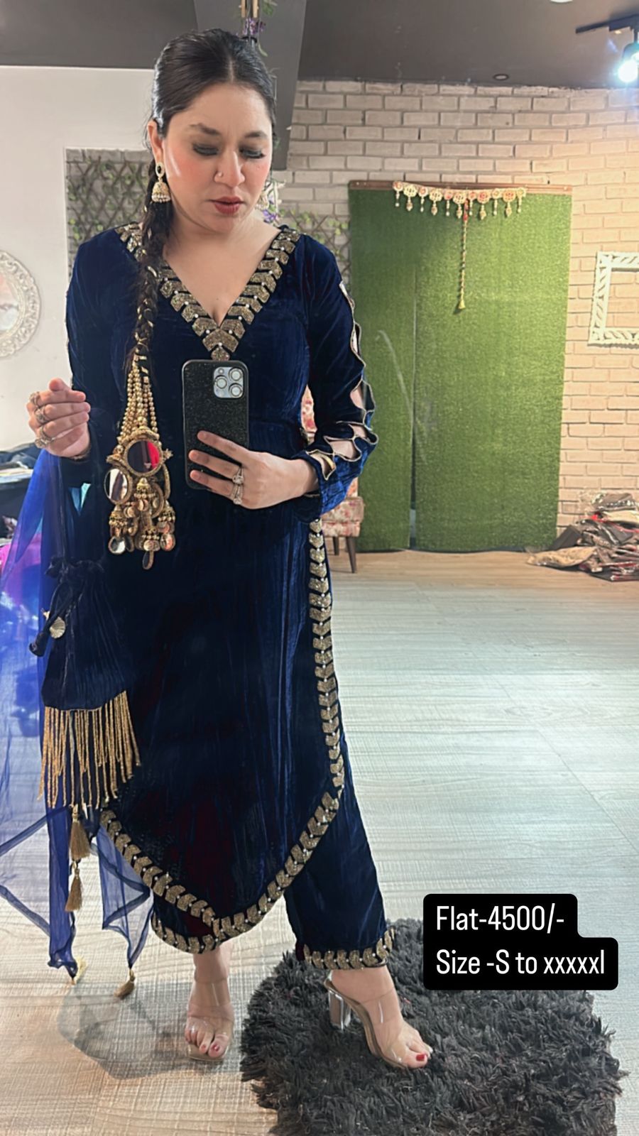 Ebadat Navy Blue Crush katdana velvet Suit with potli