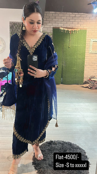 Ebadat Navy Blue Crush katdana velvet Suit with potli