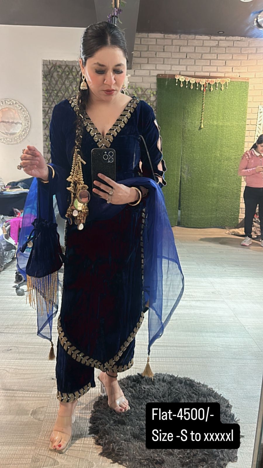 Ebadat Navy Blue Crush katdana velvet Suit with potli