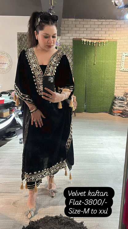 Farzana Black velvet pati work kaftan