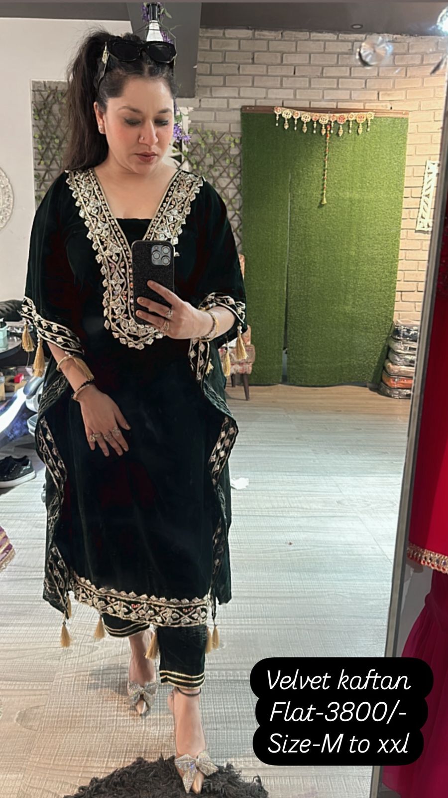 Farzana Bottel Green velvet pati work kaftan