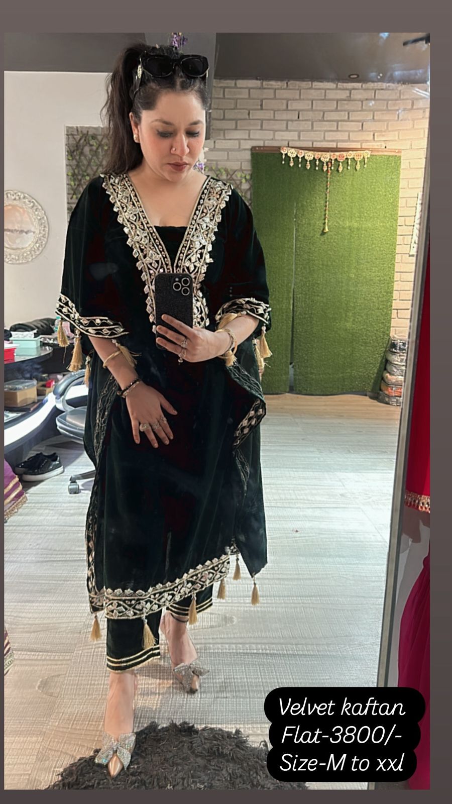 Farzana Bottel Green velvet pati work kaftan