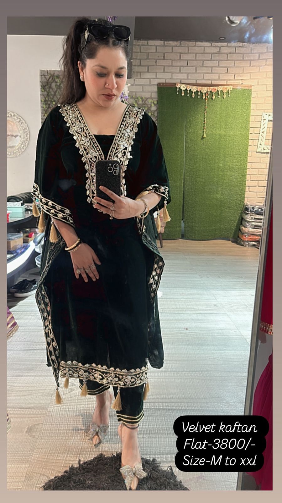 Farzana Bottel Green velvet pati work kaftan