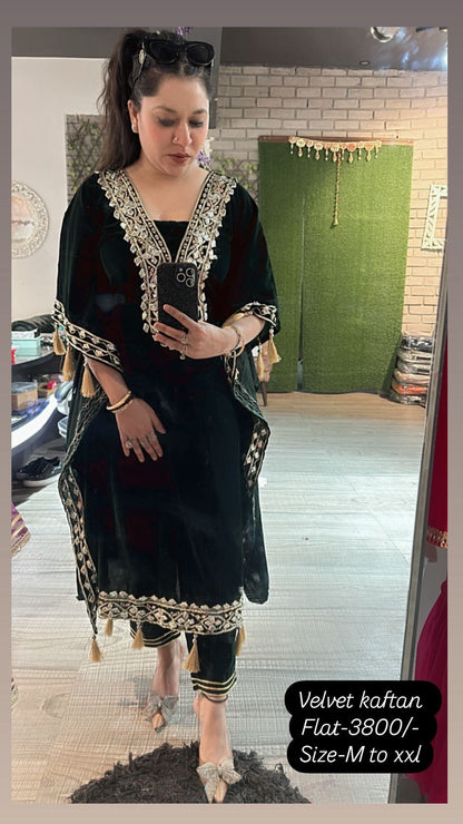 Farzana Bottel Green velvet pati work kaftan