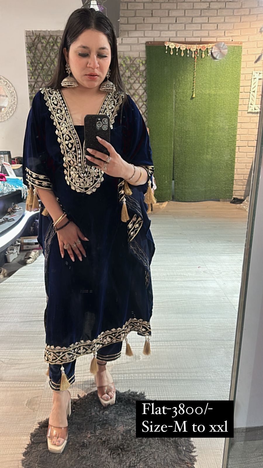 Farzana Navy Blue velvet pati work kaftan