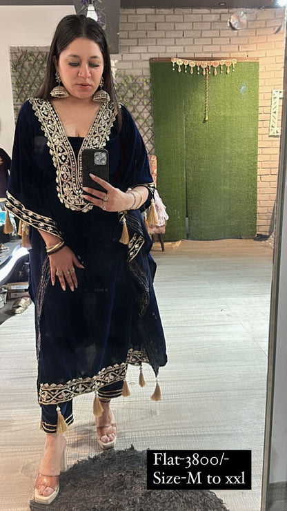 Farzana Navy Blue velvet pati work kaftan