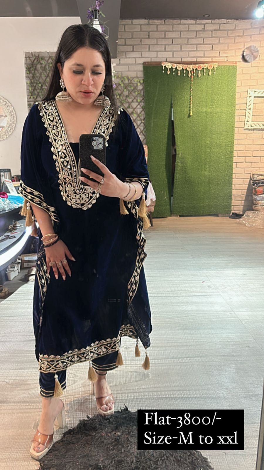 Farzana Navy Blue velvet pati work kaftan