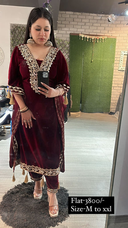 Farzana Mahroon velvet pati work kaftan