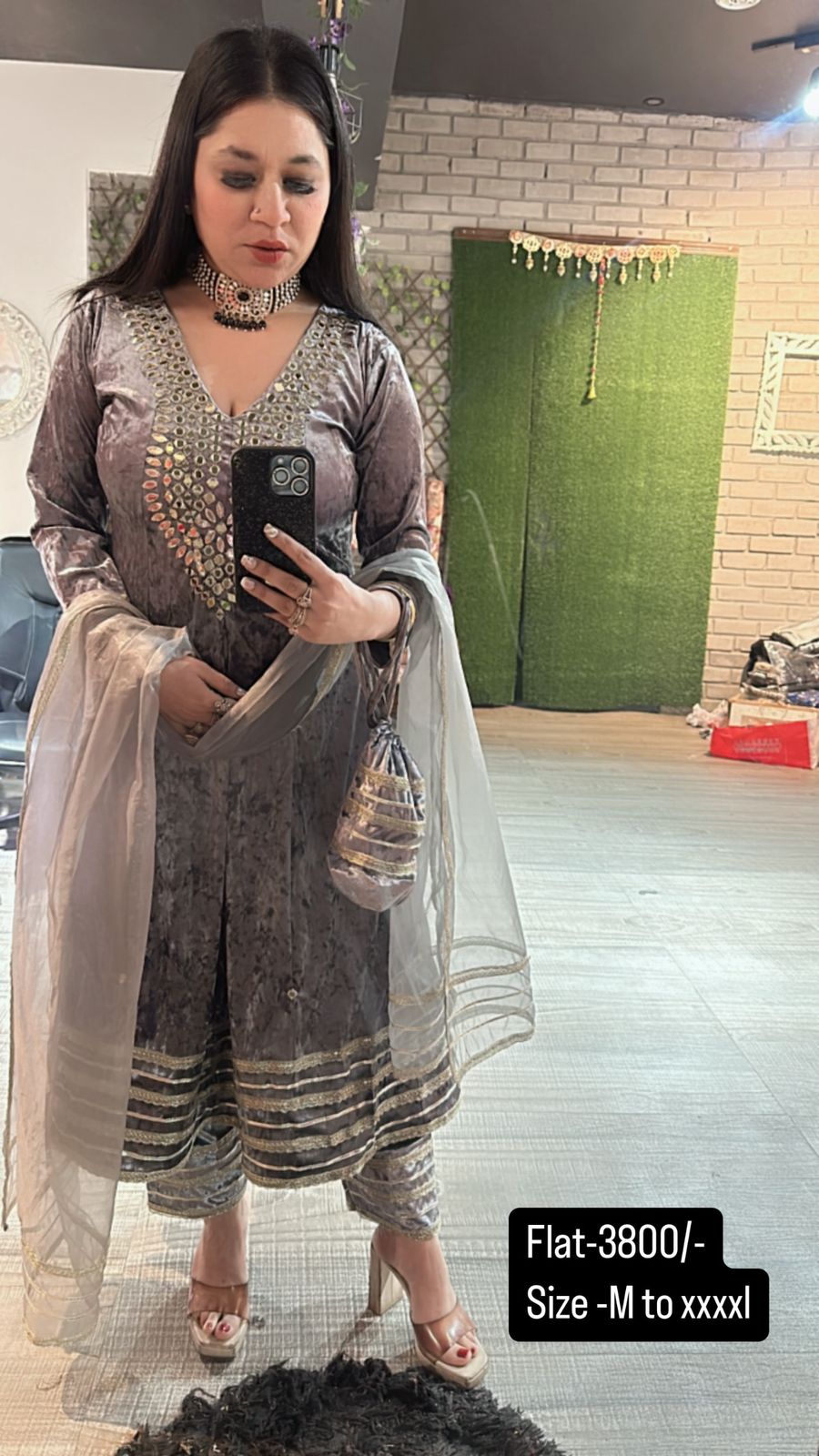 Mahal Grey Mirror potli Suit