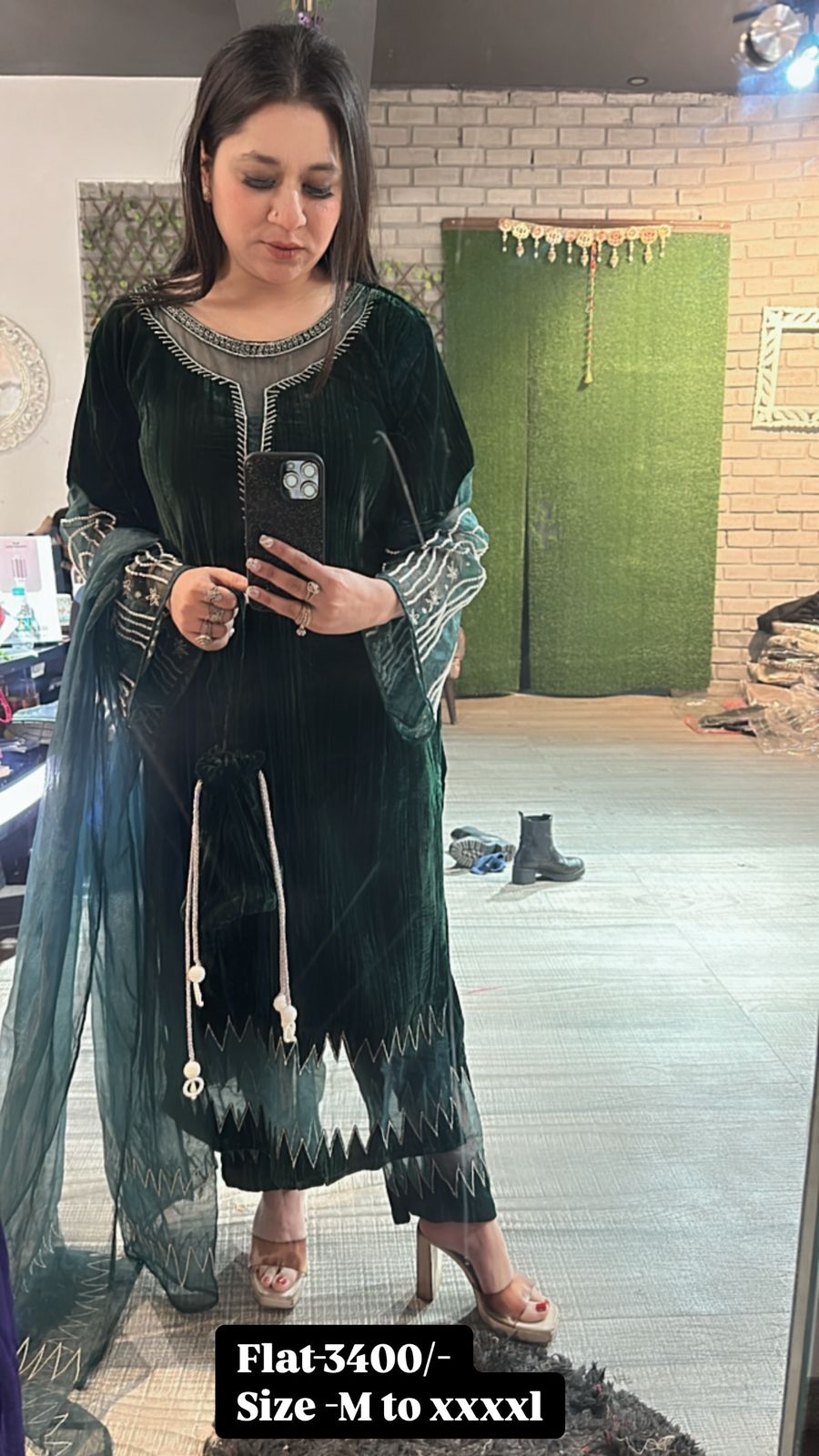 Yamini Bottel Green cut work potli Suit