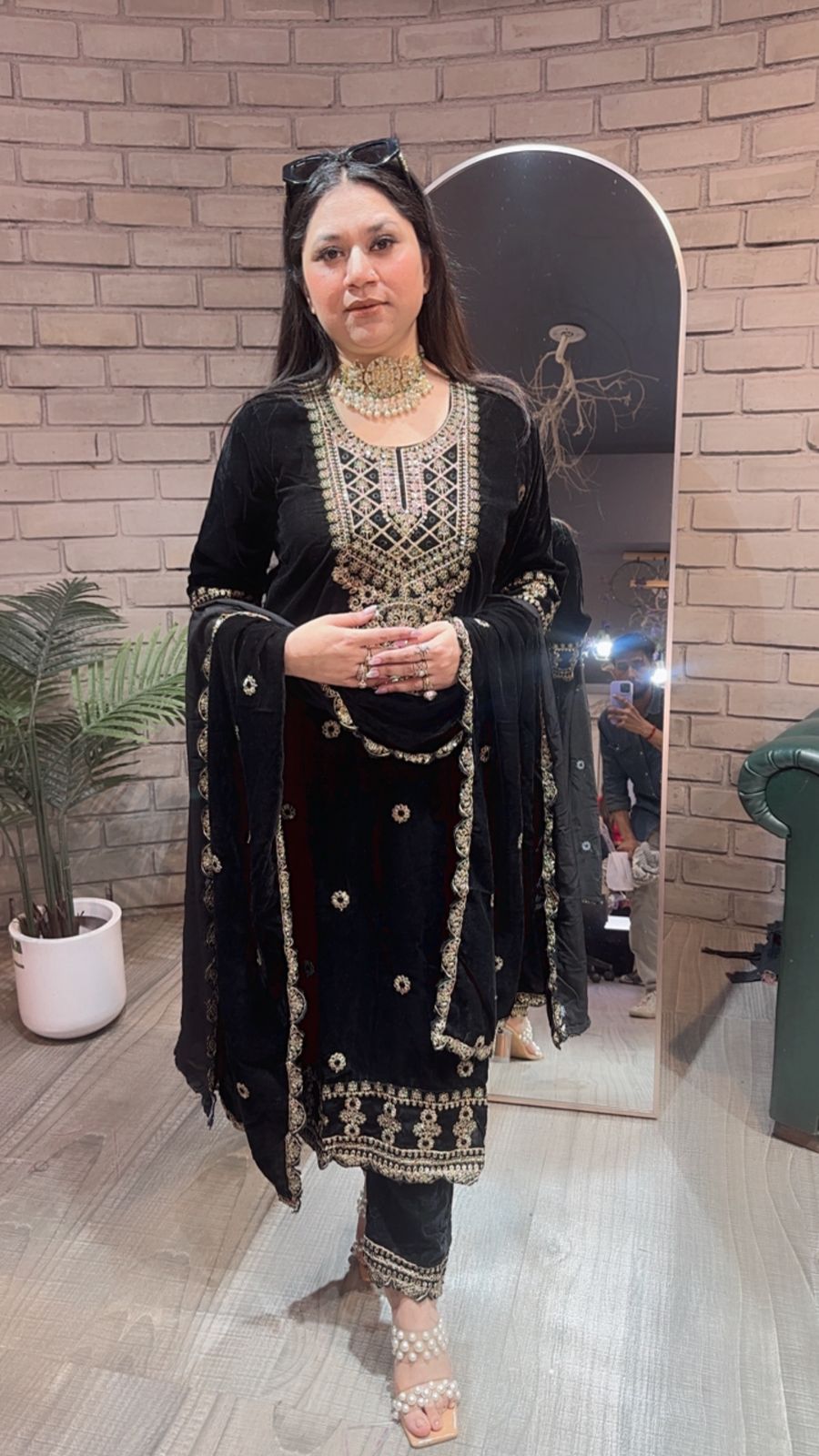 Akriti Black Neck work velvet suit