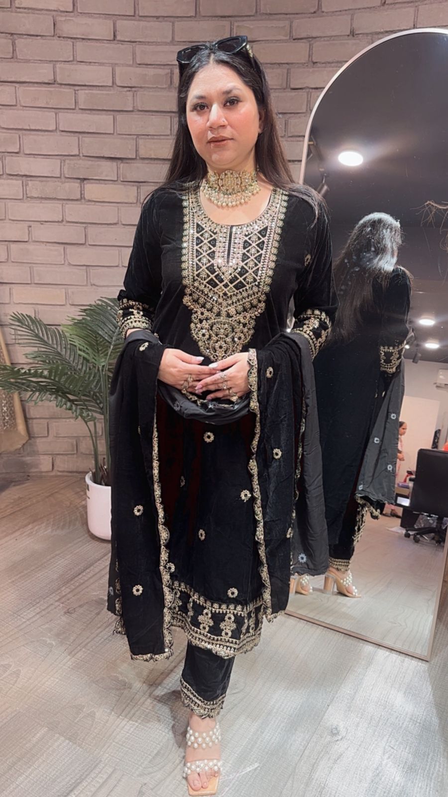 Akriti Black Neck work velvet suit