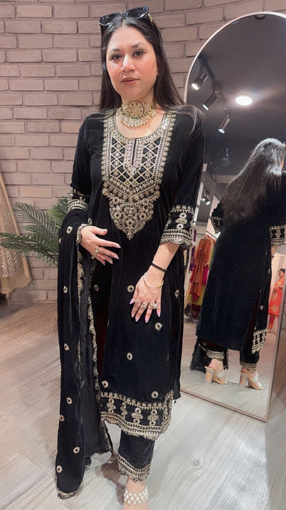 Akriti Black Neck work velvet suit