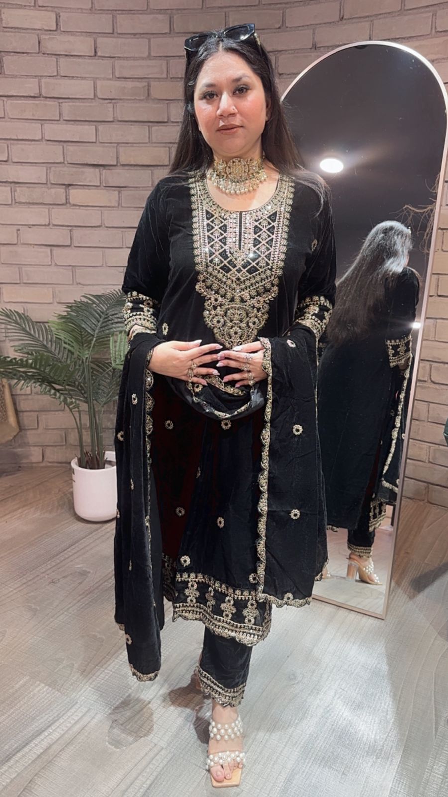 Akriti Black Neck work velvet suit