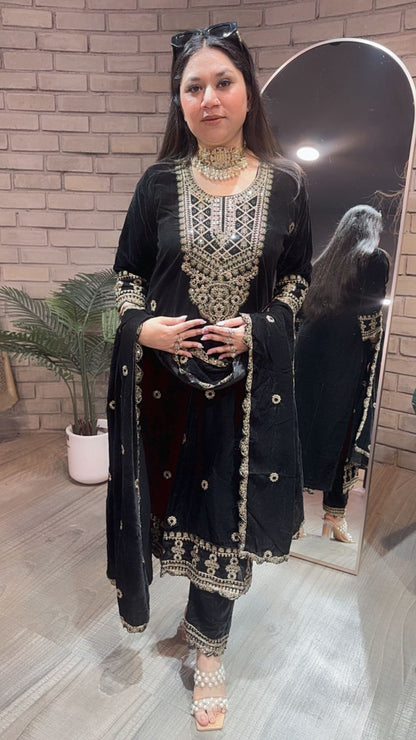 Akriti Black Neck work velvet suit
