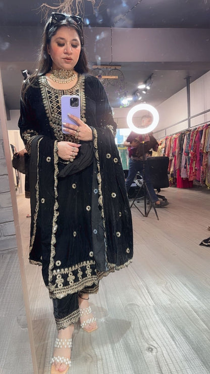 Akriti Black Neck work velvet suit