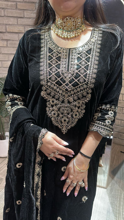 Akriti Black Neck work velvet suit