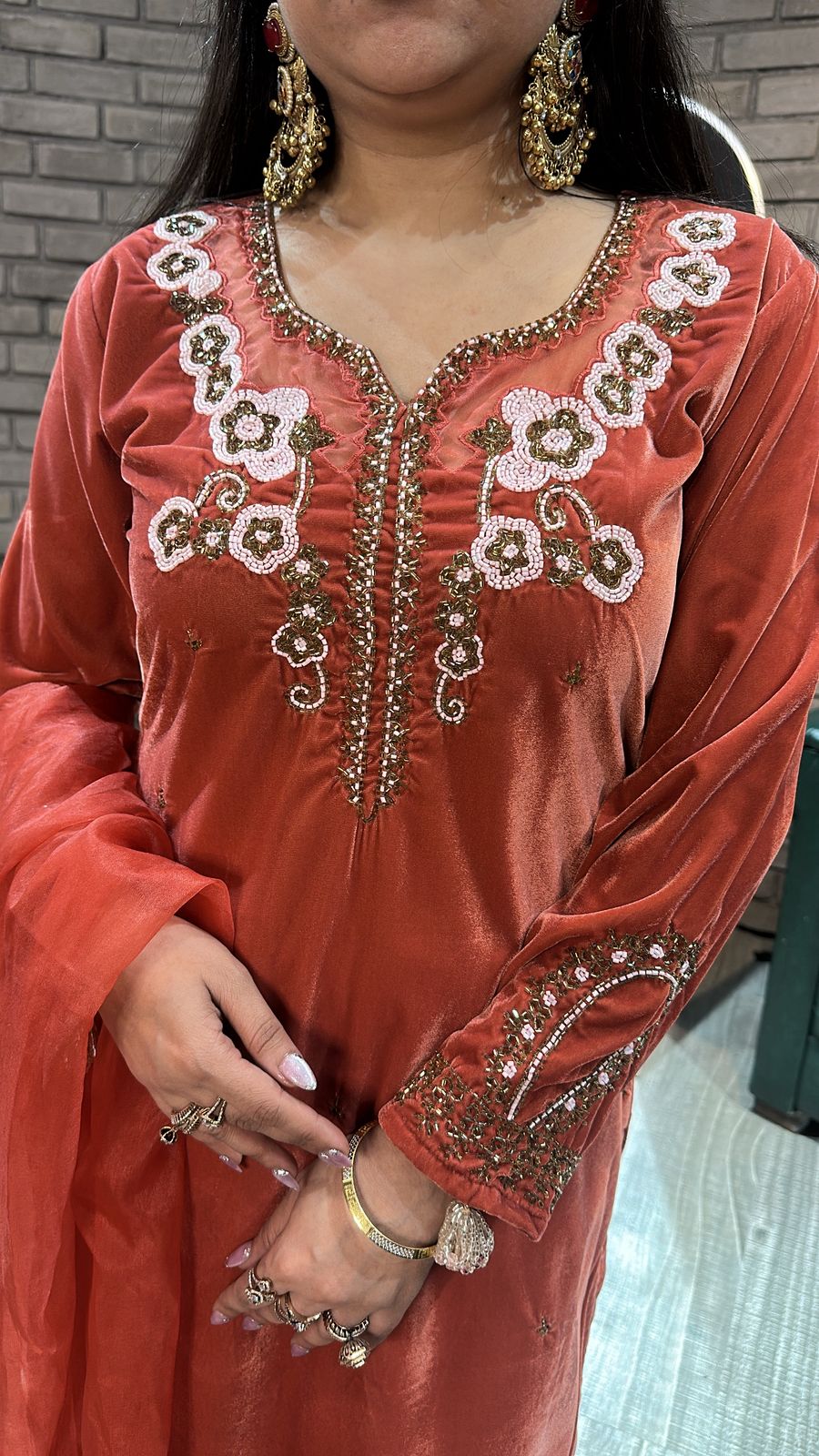 Celebrity Rust Handwork velvet suit