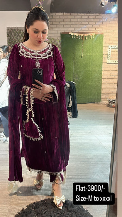 Valentino Wine Crush Pearl velvet Suit with potli