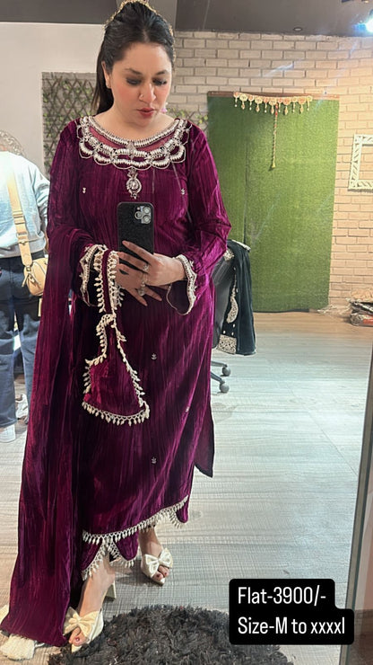 Valentino Wine Crush Pearl velvet Suit with potli