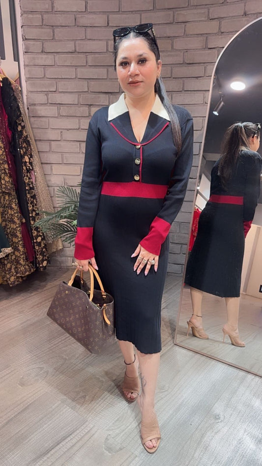 Bella Black Red Woolen Dress