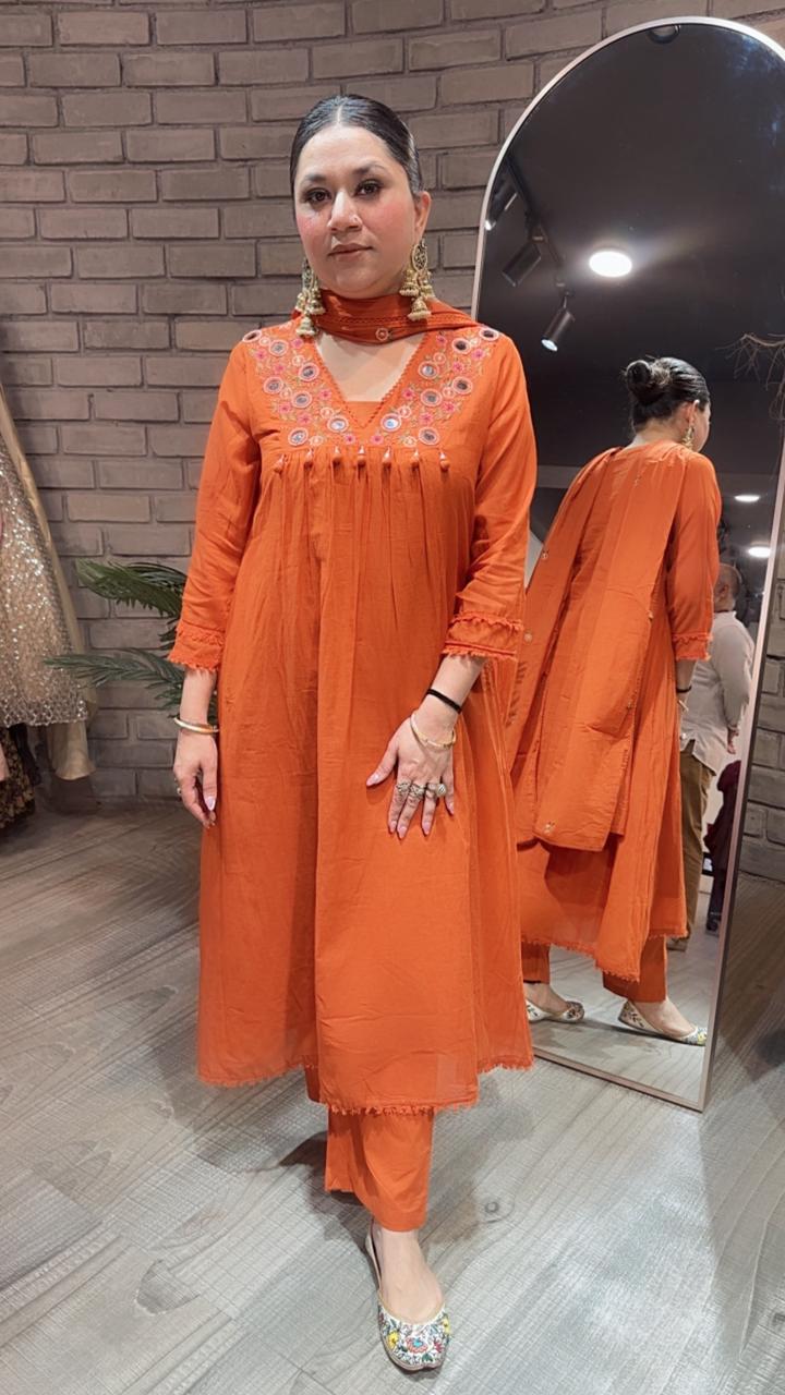 Kanpur Tangy Orange Mirror A-Line Cotton suit